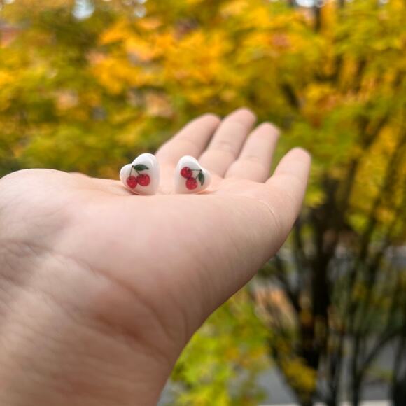 Cute Cherry Heart-Shaped Stud Earrings, Cherry Floral Design, Fruit Earrings - Picture 3 of 5